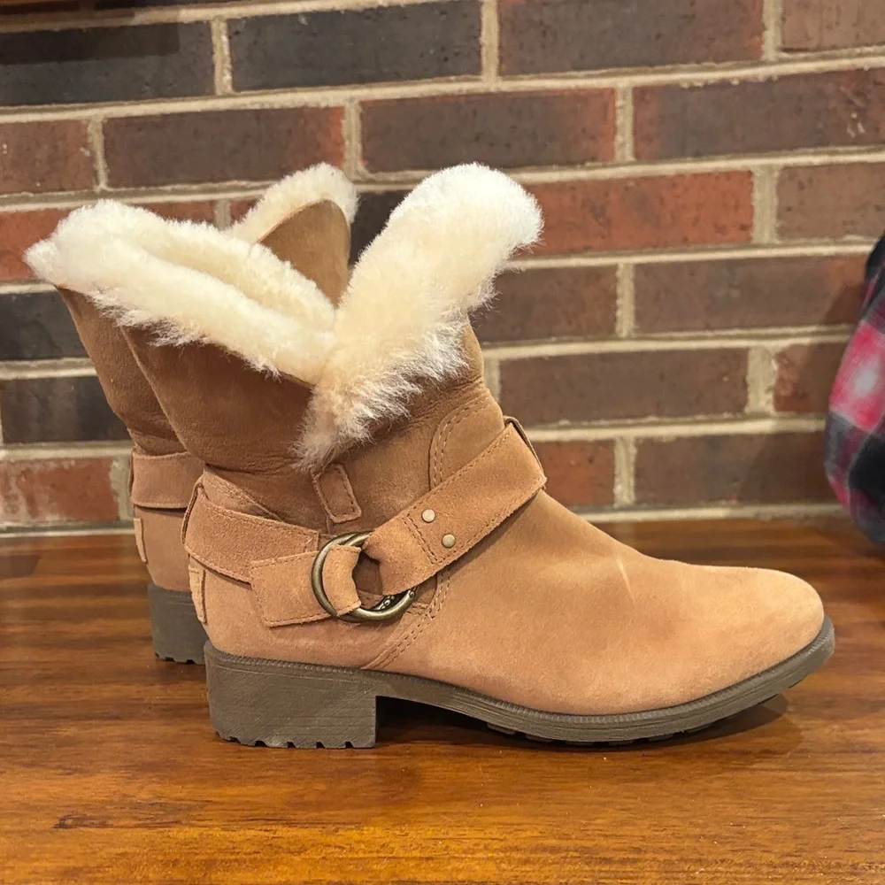UGG Chestnut Suede Fur-Lined Ankle Boots with Buckle - Picture 3 of 16